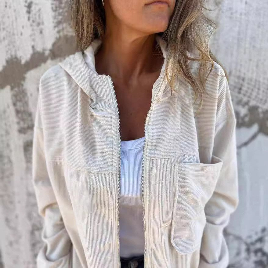 Damen lässige Cordjacke mit praktischen Taschen und elegantem Reißverschluss R&B