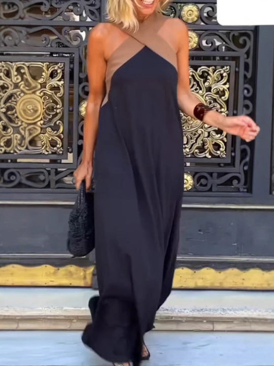 Damen elegant geschnittenes Maxikleid mit asymmetrischen Trägern und hochwertigem Stoff R&B