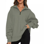 Damen nan Oversized Sweatshirt mit Kurzreißverschluss, Stehkragen und Kängurutasche R&B