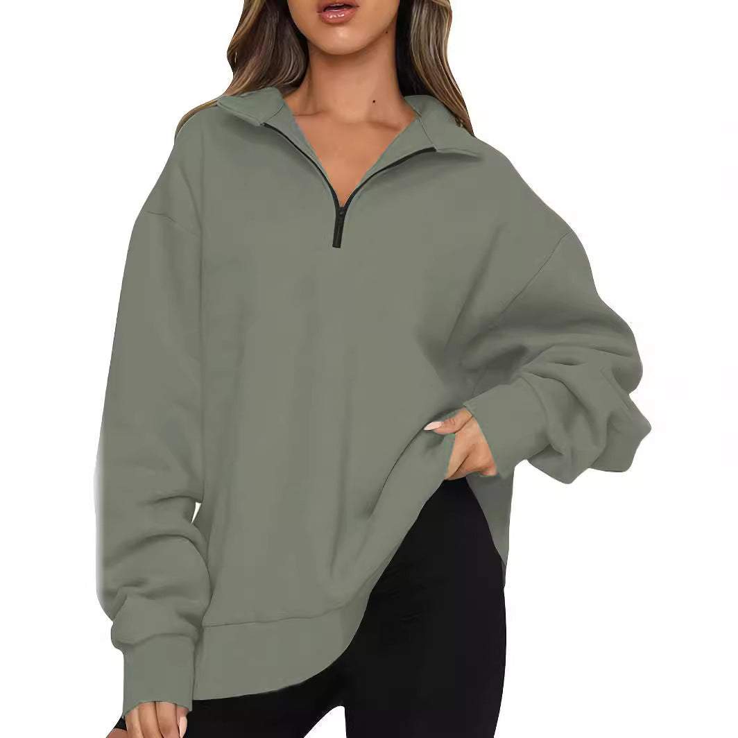Damen nan Oversized Sweatshirt mit Kurzreißverschluss, Stehkragen und Kängurutasche R&B