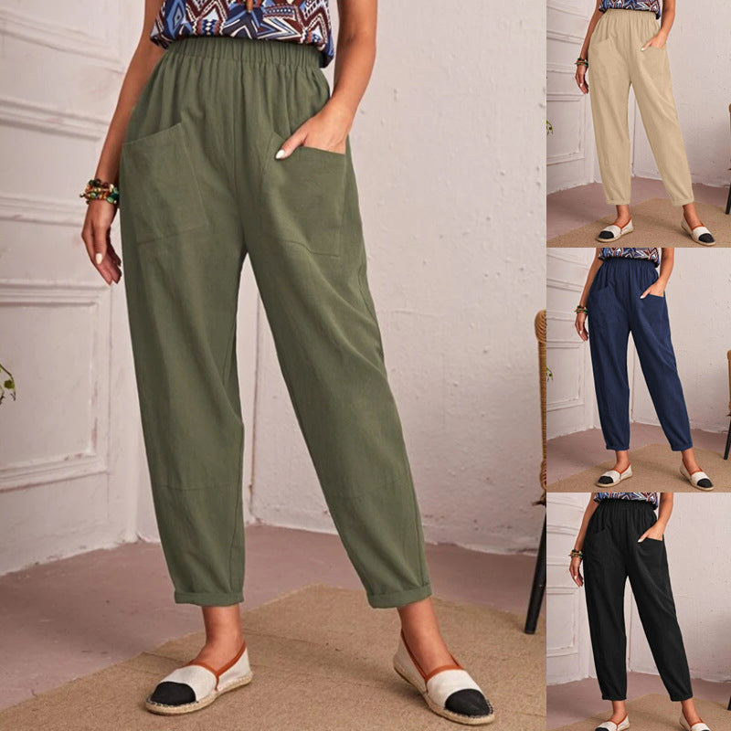 Damen Trendige Leinenhose mit elastischem Bund und praktischen Taschen R&B