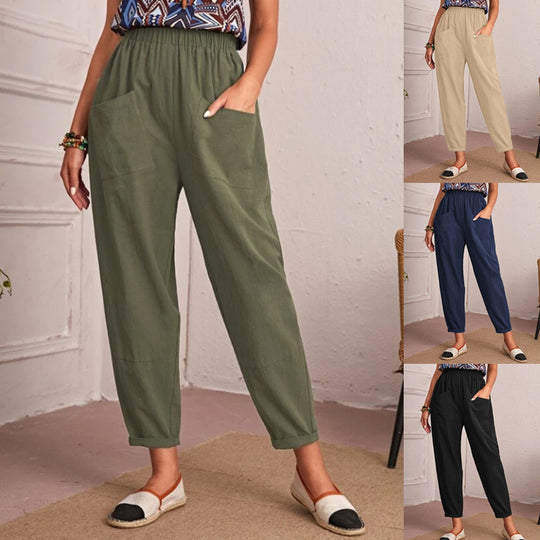 Damen lockere Komfort-Hose mit elastischem Bund und großen Taschen R&B