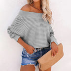 Damen lässiger Pullover mit schulterfreiem Design und strukturiertem Strickmuster