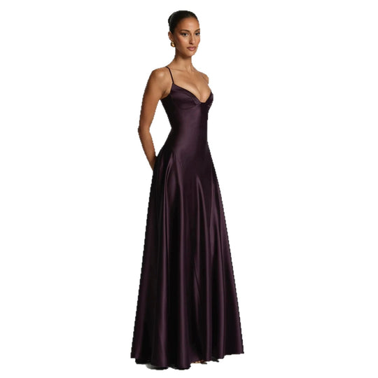 Damen elegantes Satin-Maxikleid mit raffinierten Spaghettiträgern R&B