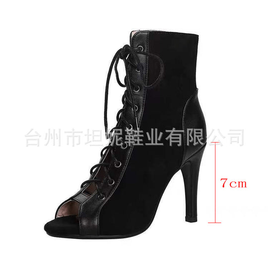 Damen Offene Zehen-Stiefeletten mit elegantem Schnürdesign und hohem Absatz R&B