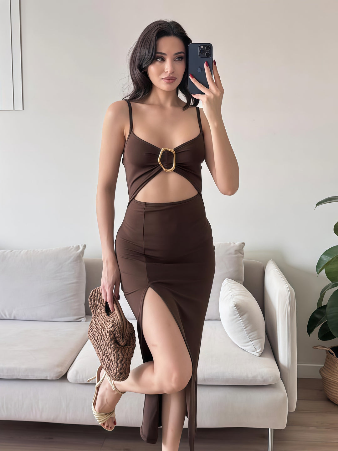 Damen Figurbetontes Maxikleid mit Cut-Outs und elegantem Gürtel R&B