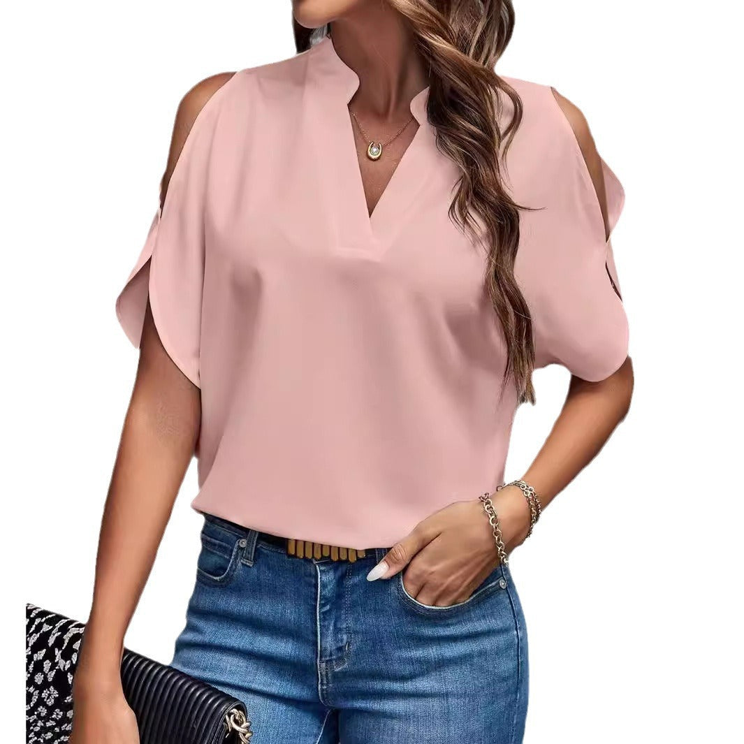 Damen Elegante Bluse mit offenen Schultern und Stehkragen R&B