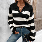Damen eleganter Hoodie mit modernen Streifen und klassischem Polokragen