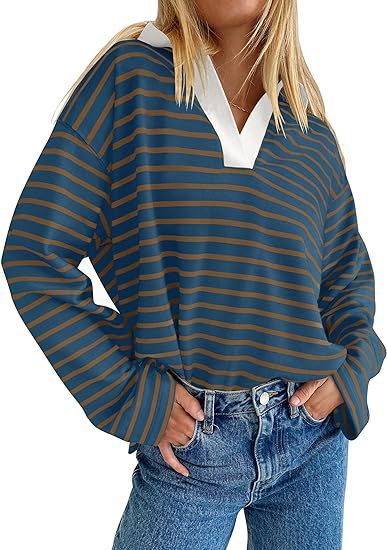 Damen Lässiges gestreiftes Sweatshirt mit V-Ausschnitt und langen Ärmeln R&B