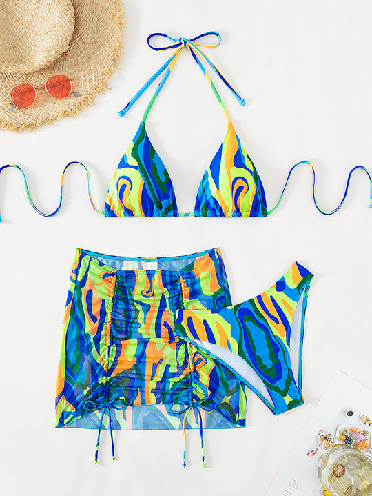 Damen Buntes Triangel-Bikini-Set mit transparentem Rock R&B