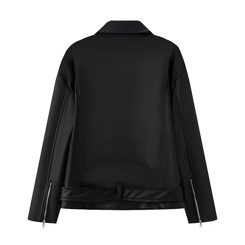 Damen Kunstleder Bikerjacke mit praktischen Reißverschlusstaschen und Gürtel R&B