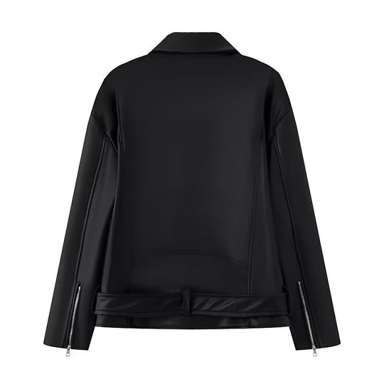 Damen Kunstleder Bikerjacke mit praktischen Reißverschlusstaschen und Gürtel R&B