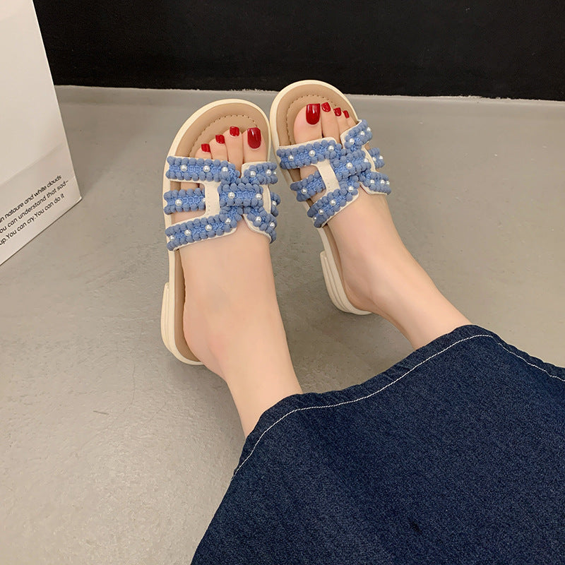 Damen Elegante Slide-Sandalen mit modischen Perlen- und Fransenakzenten EB