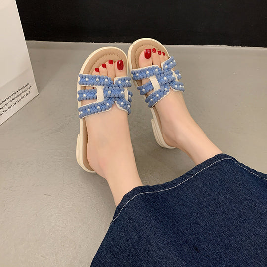 Damen Elegante Slide-Sandalen mit modischen Perlen- und Fransenakzenten R&B
