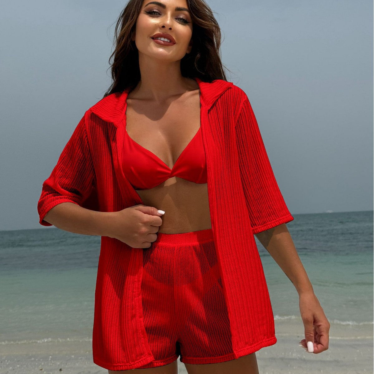Damen lässiges Strand-Outfit mit offener Robe und Shorts R&B