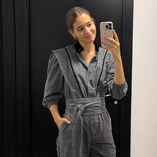 Damen Jumpsuit mit maßgeschneidertem Schnitt und grafischem Karomuster R&B