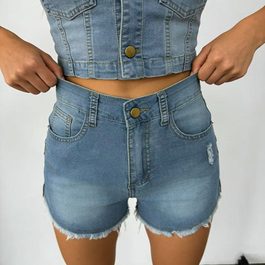 Damen Hochgeschnittene Denim-Shorts im angesagten Fransen-Look R&B