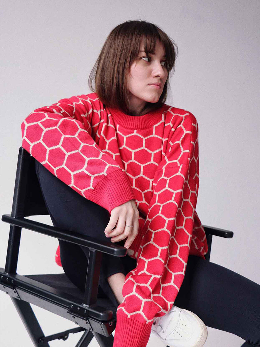 Damen Kreativer Strickpullover mit Wabenmuster R&B