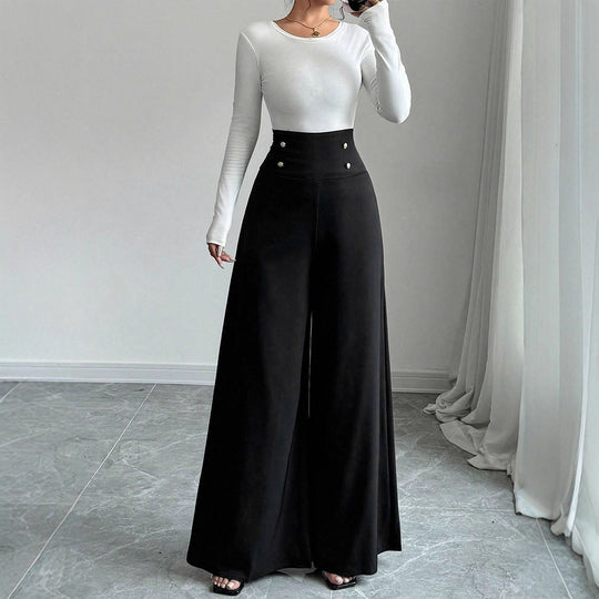 Damen Fließende Palazzo-Hose mit hohem Taillenbund und eleganten Knopfdetails R&B