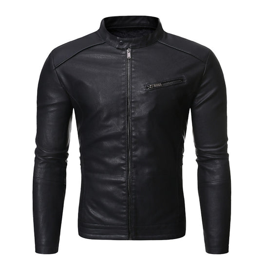 Herren elegante Kunstlederjacke mit modernem Stehkragen R&B