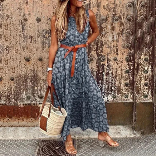Damen Bohemian Maxi Kleid mit verstellbarem Gürtel R&B