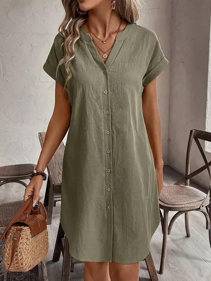 Damen Hemdblusenkleid aus leichtem Stoff mit kurzen Ärmeln und Knopfleiste R&B