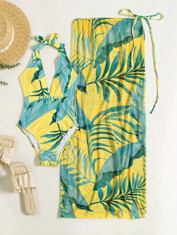 Damen Set aus einem einteiligen Badeanzug mit floralem Design und passendem Sarong R&B