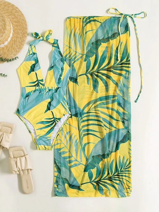 Damen Set aus einem einteiligen Badeanzug mit floralem Design und passendem Sarong R&B