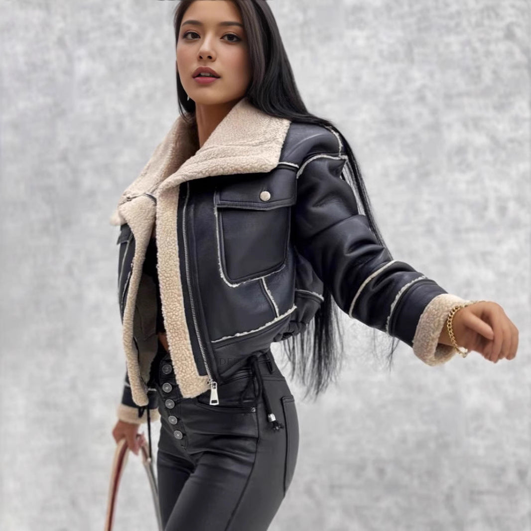 Damen Cropped Teddyjacke mit stylischem Kragen R&B