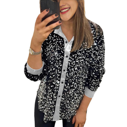 Damen nan glitzernde Pailletten-Hemdbluse mit Kragen, Knopfleiste und elastischen Manschetten R&B