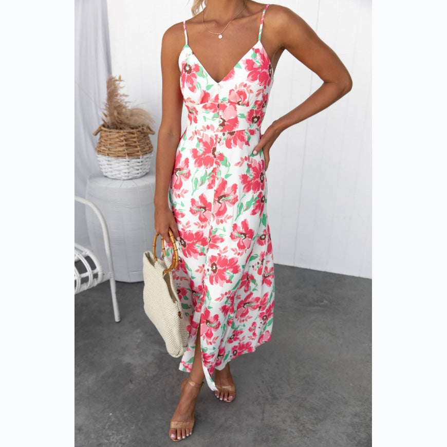 Damen Sommerliches Maxikleid mit elegantem V-Ausschnitt und Hohem Schlitz R&B