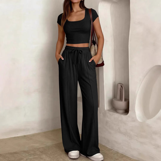 Damen lässiges Cropped-Top und weite Hose Set R&B