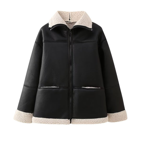 Damen Kunstlederjacke mit weichem Teddyfutter und praktischen Taschen R&B