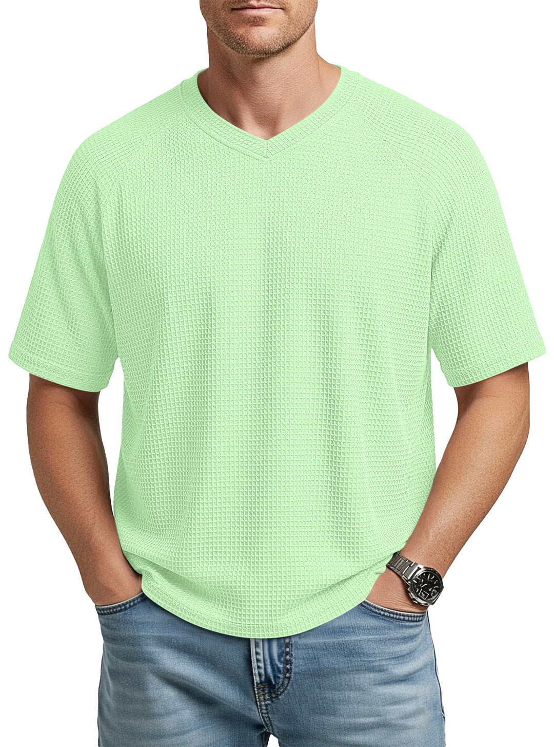Herren nan lässiges V-Ausschnitt Waffelstrick-T-Shirt aus atmungsaktivem Baumwollmix R&B