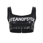 Damen Leder-Crop-Top mit auffälligem Schriftzug und Nietenverzierung R&B