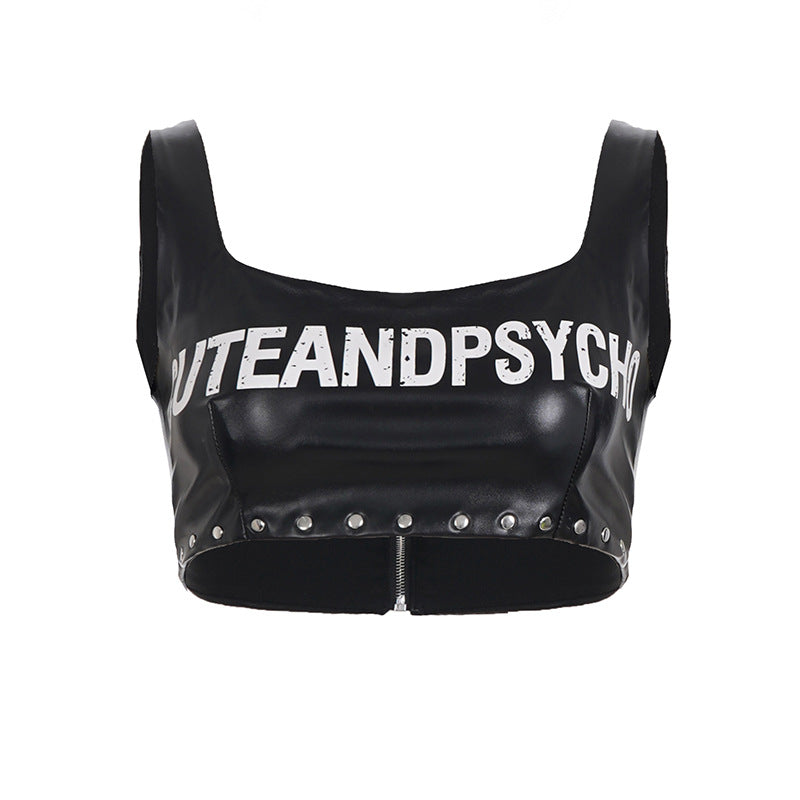 Damen Leder-Crop-Top mit auffälligem Schriftzug und Nietenverzierung R&B
