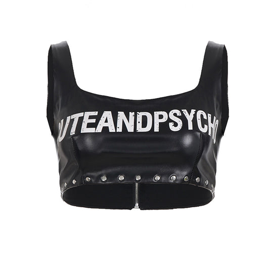 Damen Leder-Crop-Top mit auffälligem Schriftzug und Nietenverzierung R&B