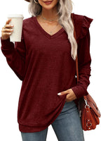 Damen V-Ausschnitt Langarmshirt mit Rüschendetails und lockerem Schnitt R&B