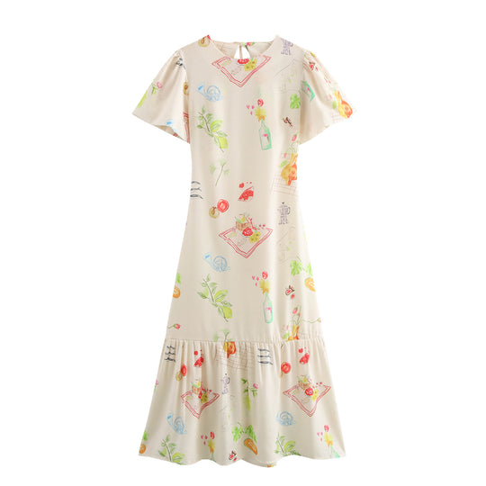 Damen Maxikleid mit buntem Musterdruck und fließendem Volant R&B