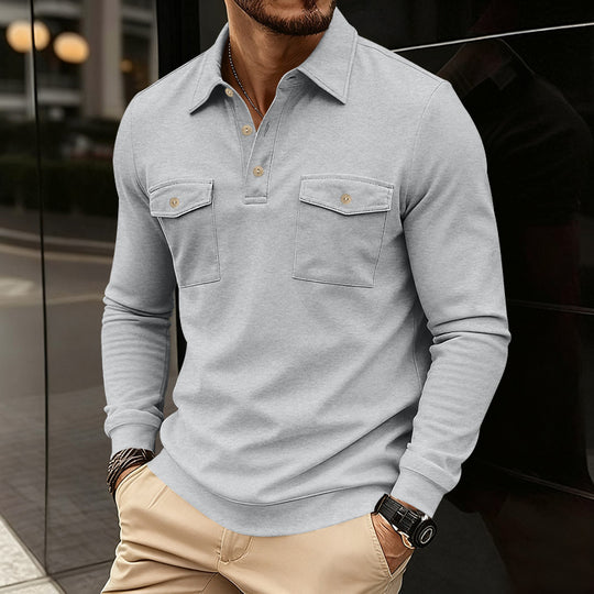 Herren nan figurbetontes Langarm-Poloshirt mit Hemdkragen und aufgesetzten Brustklappen R&B