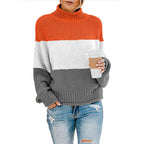 Damen Grobstrickpullover mit hohem Kragen und modischem Farbblockdesign