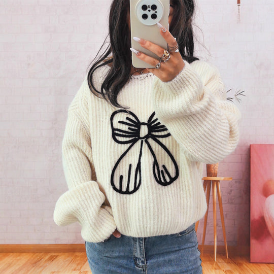 Damen Grobstrickpullover mit verspieltem Schleifenmotiv R&B