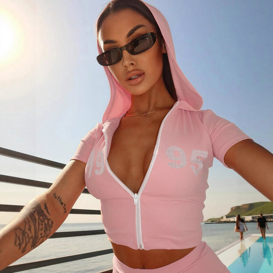 Damen sportliches Zweiteiliges Set mit Kapuzenoberteil und kurzen Shorts R&B