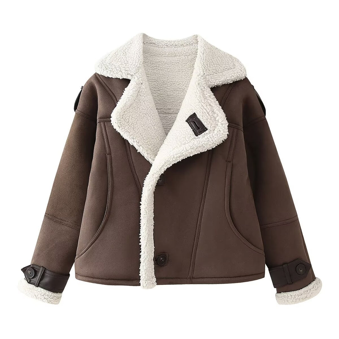 Damen modische Kunstpelzjacke mit umschlagbarem Kragen R&B