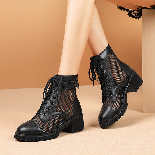 Damen modische Schnürstiefeletten mit modernem Netzdesign und robustem Blockabsatz R&B
