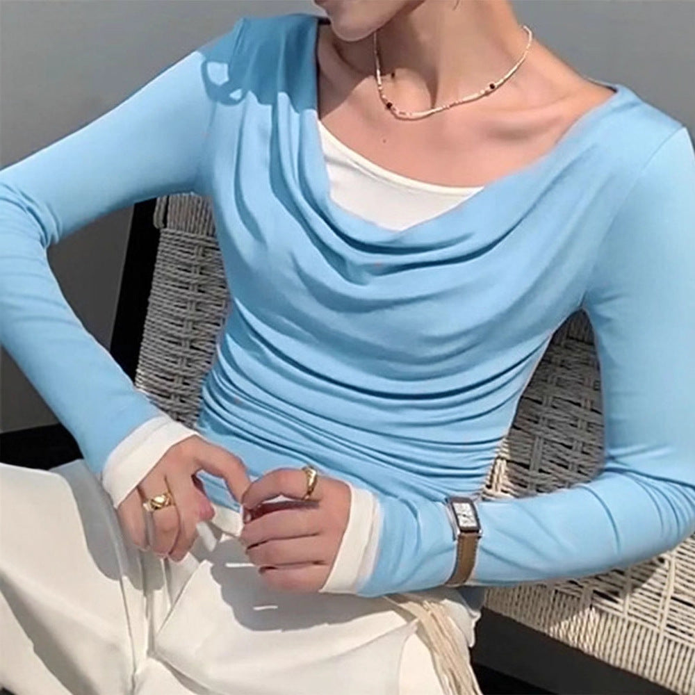 Damen figurbetontes Longsleeve mit elegantem Raffungseffekt und tiefem Ausschnitt EB