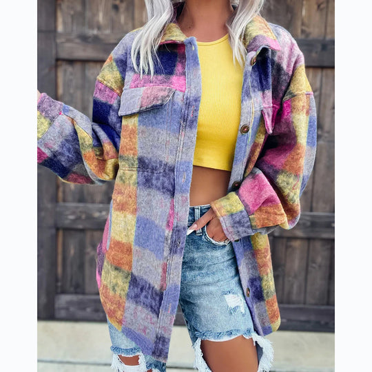 Damen Karo Oversize-Hemdjacke aus weichem Wollmaterial mit praktischen Taschen R&B