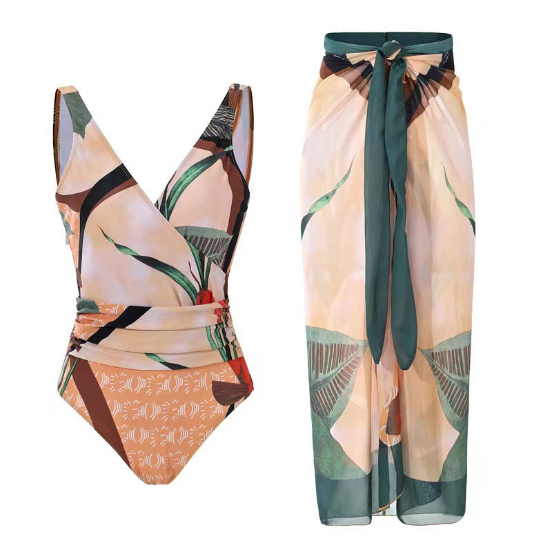 Damen Eleganter Wickel-Badeanzug mit floralen Designs und passendem Überrock R&B