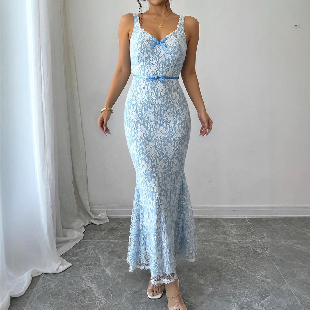 Damen Elegantes Spitzen-Midikleid mit verstellbaren Trägern und Schleifen-Detail R&B