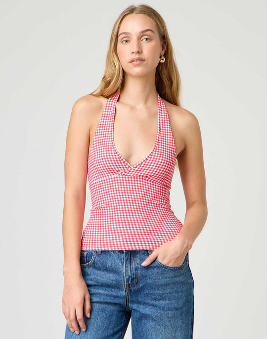 Damen Halter-Top mit Punktmuster und V-Ausschnitt R&B